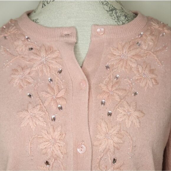 Pink Cardigan Beaded Floral Embroidery - Picture 7 of 9